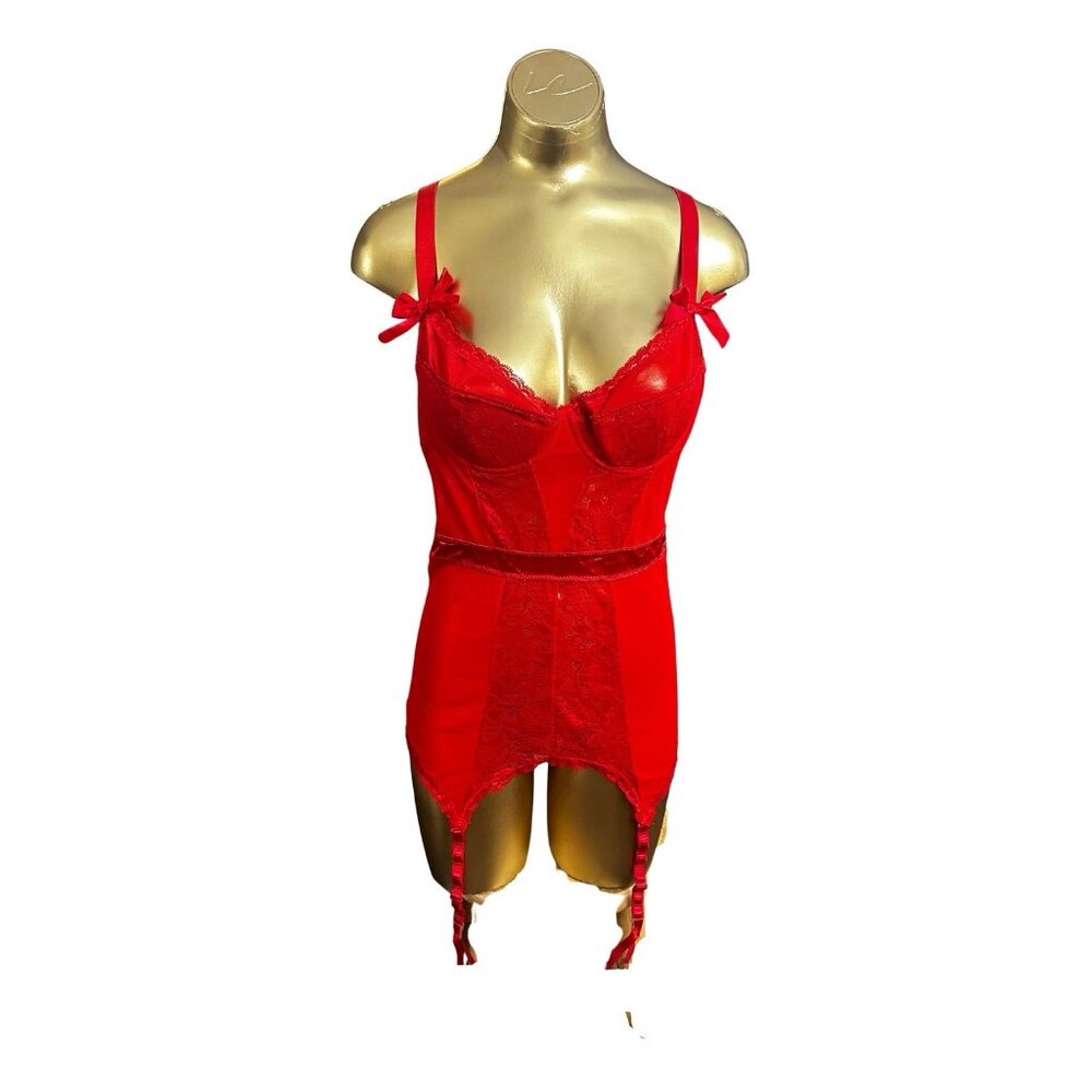 Vintage Red Lace Bustier Garter Slip | Underwire | Satin  | Pin-Up Lingerie M